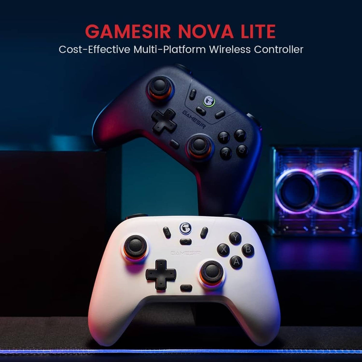 Wireless gamepad controllers, one dark blue and one white, shown side-by-side