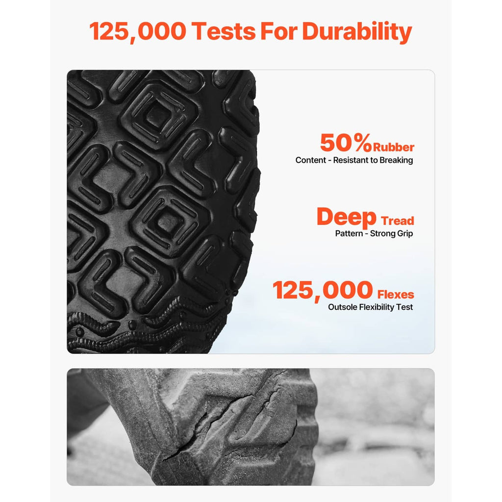 Rubber boot outsole with deep molded tread pattern for strong grip