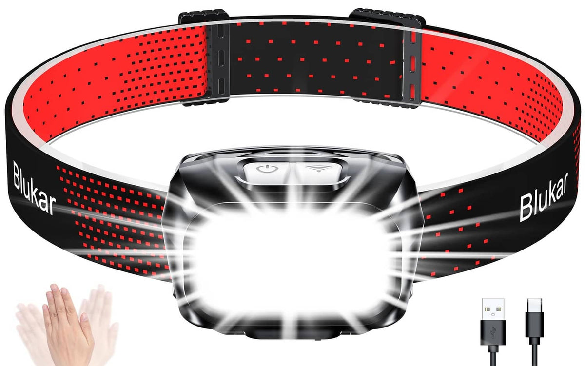 Black rechargeable LED headlamp with adjustable strap and bright front light