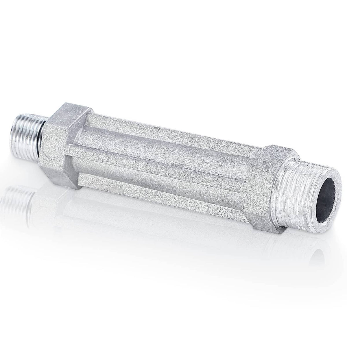 Silver metal pressure washer outlet tube replacement with threaded ends