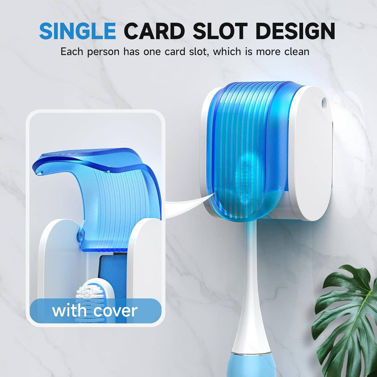 Blue single-slot toothbrush holder with hinged cover and white mounting base