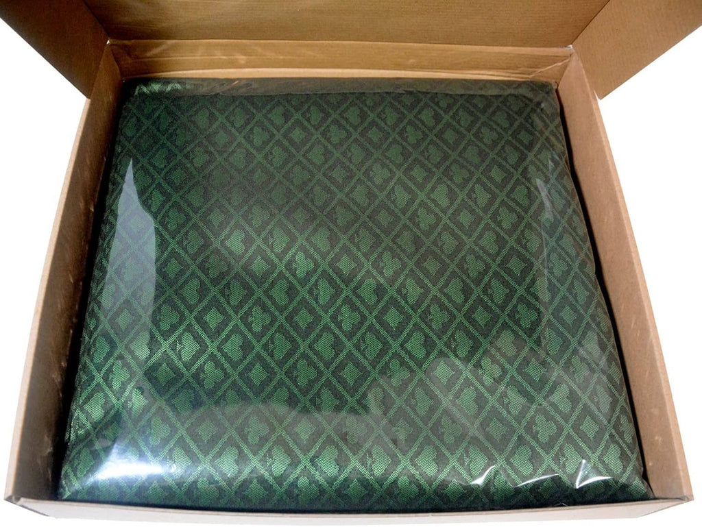 Green poker table speed cloth inside cardboard box, diamond pattern visible
