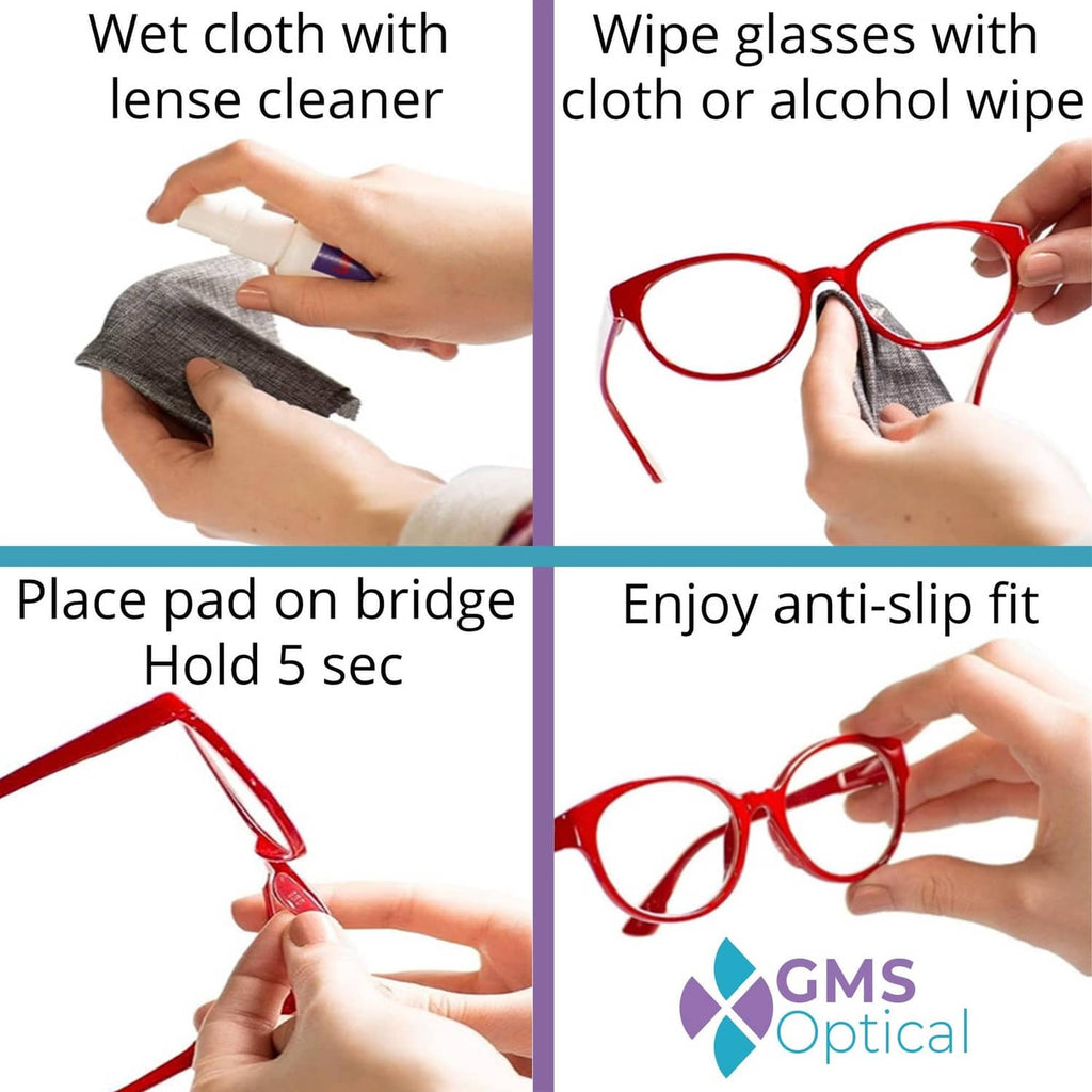 Silicone nose pad care and placement steps on glasses