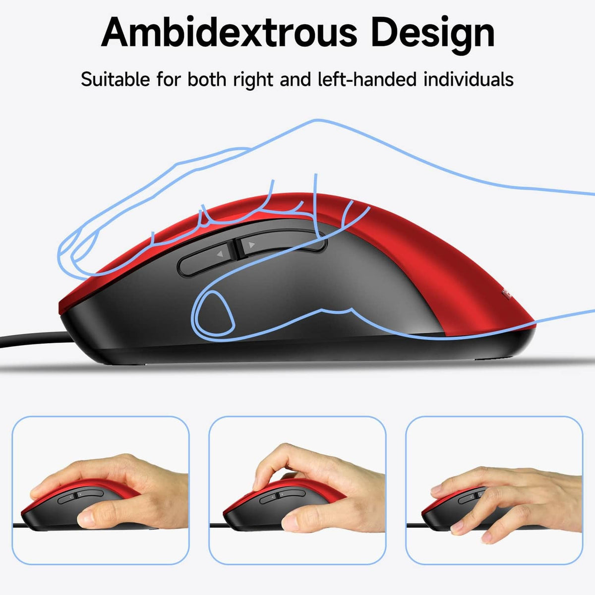 Red wired optical mouse with symmetrical side buttons and black scroll wheel