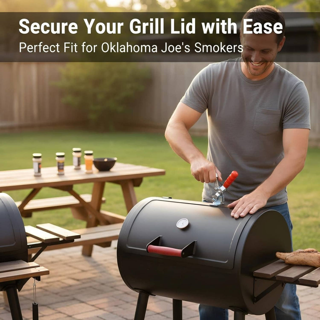 Smoker lid clamp with red handle securing lid on a charcoal grill