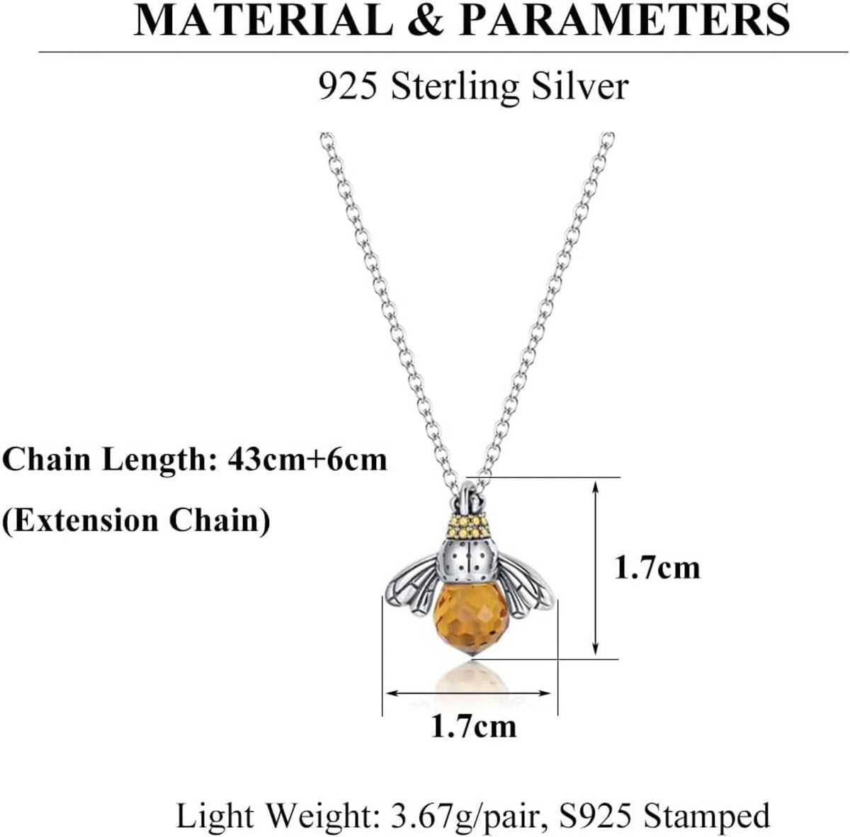 925 sterling silver bee pendant necklace diagram with 1.7 cm pendant size