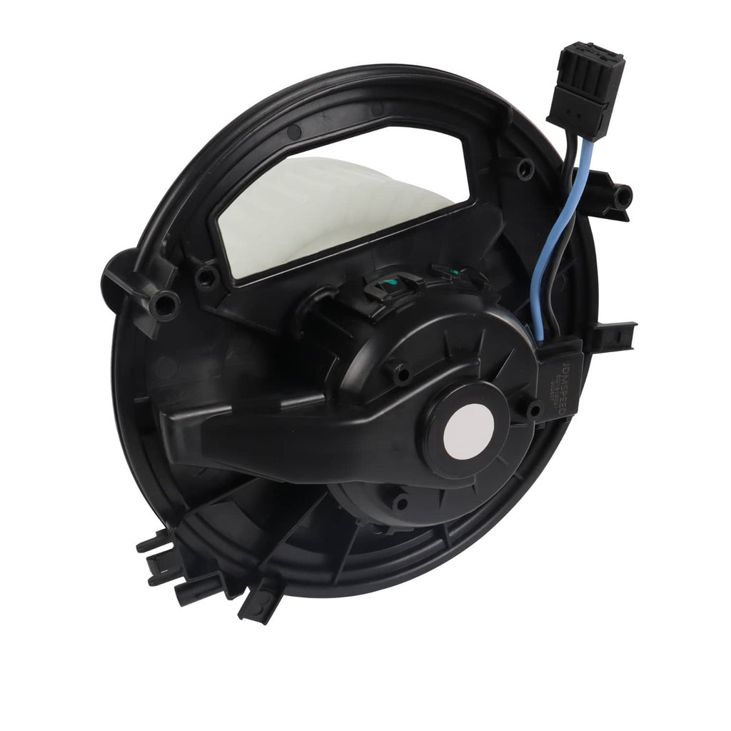 HVAC blower motor with black casing, white fan wheel, and plug connector