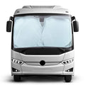 RV windshield sunshade cover with reflective silver panel, fitted over front glass