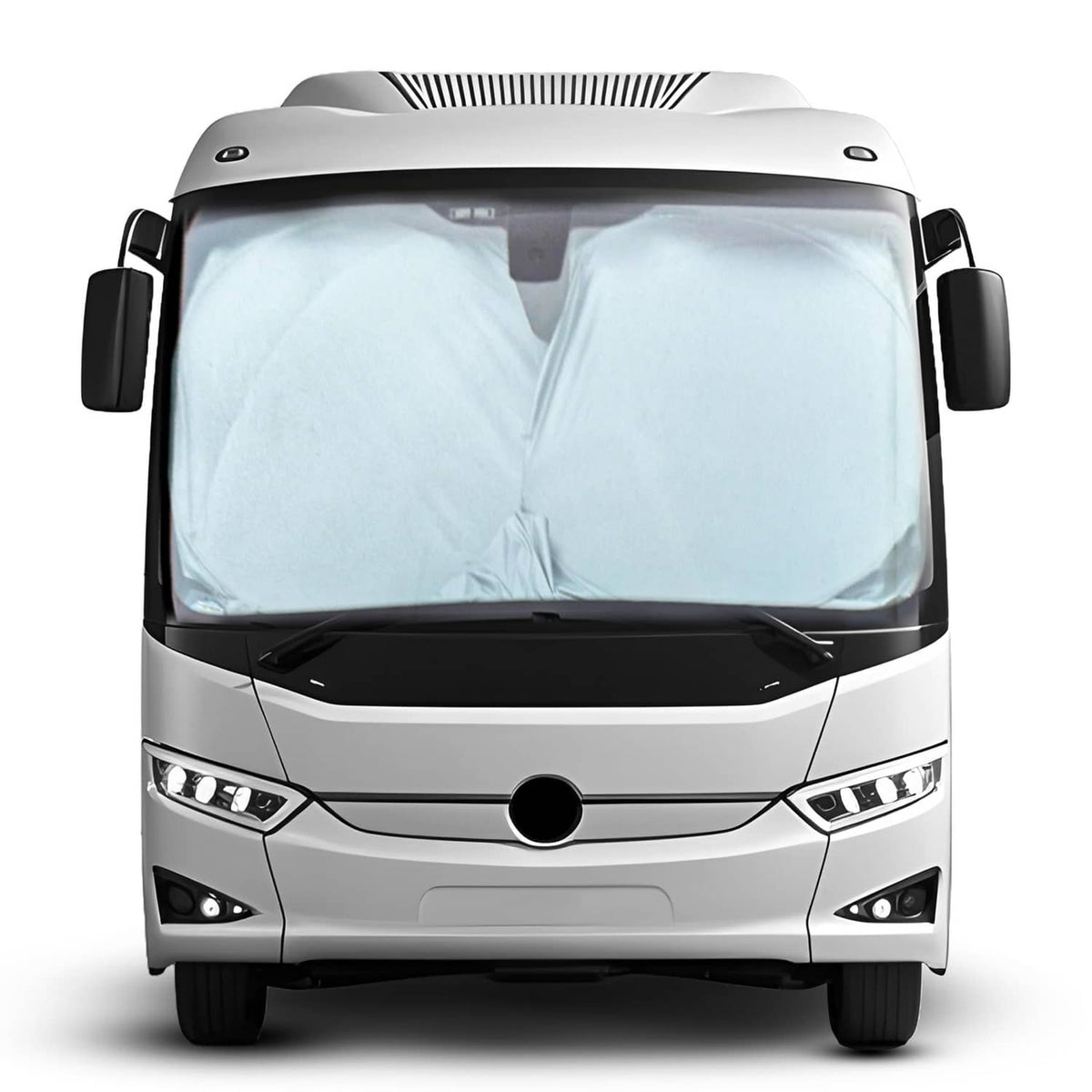 RV windshield sunshade cover with reflective silver panel, fitted over front glass