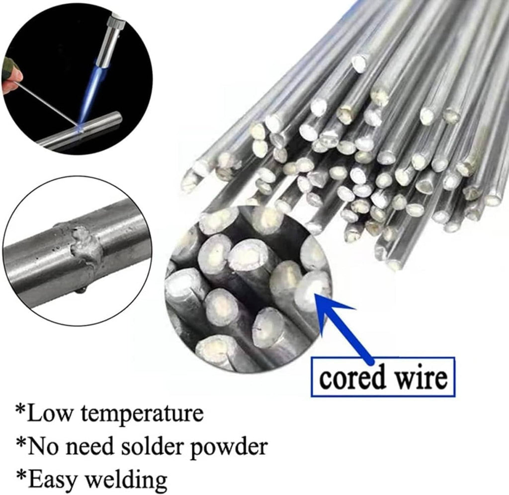 Aluminum welding rods with close-up detail of rod ends and molten weld