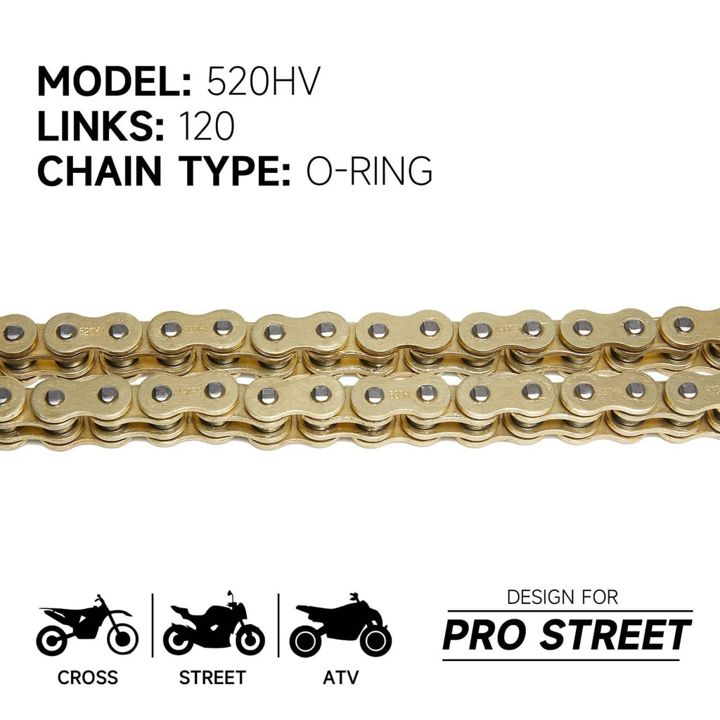 120-link 520HV motorcycle chain with O-ring links, gold-tone finish