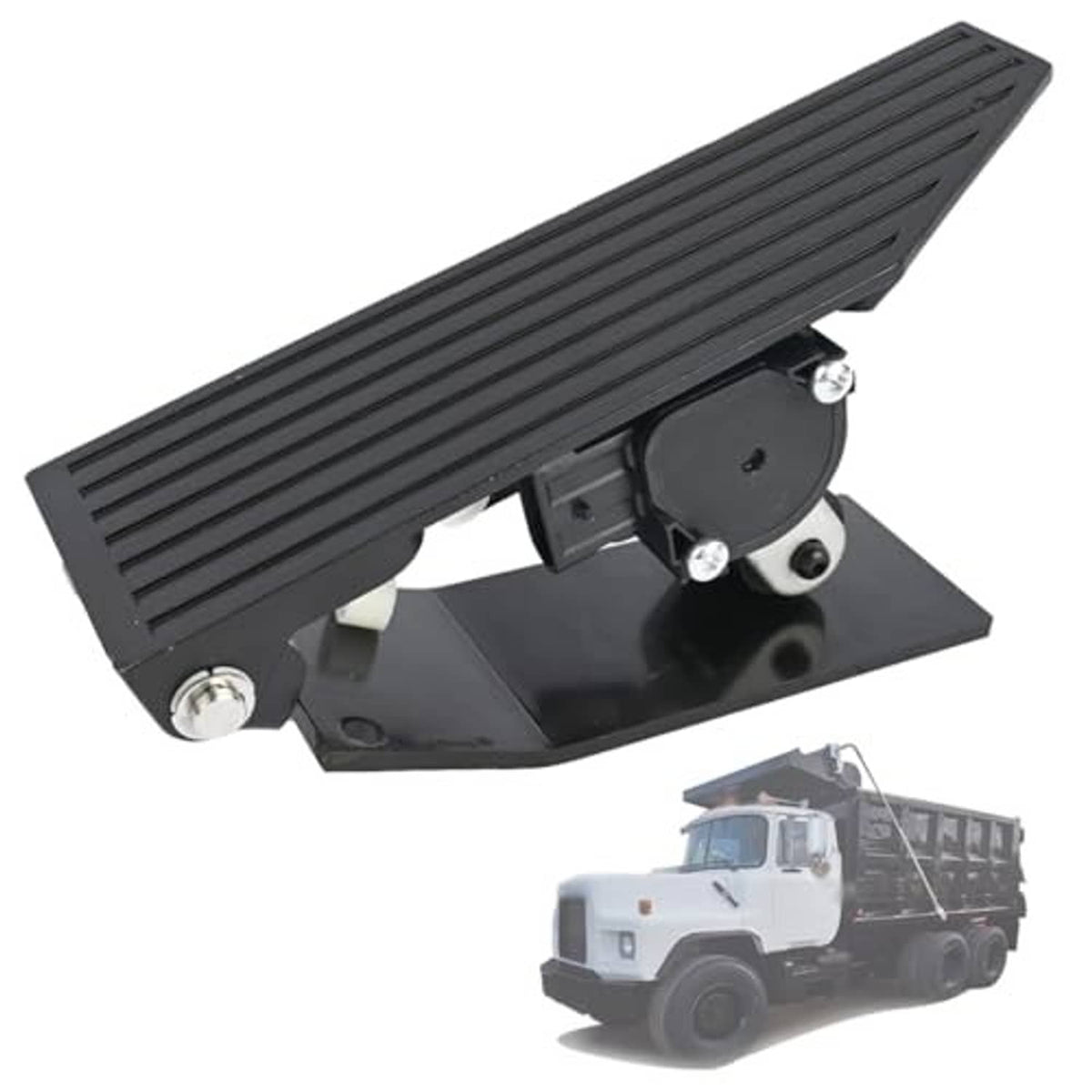 Black accelerator pedal with position sensor, angled view of ribbed footplate