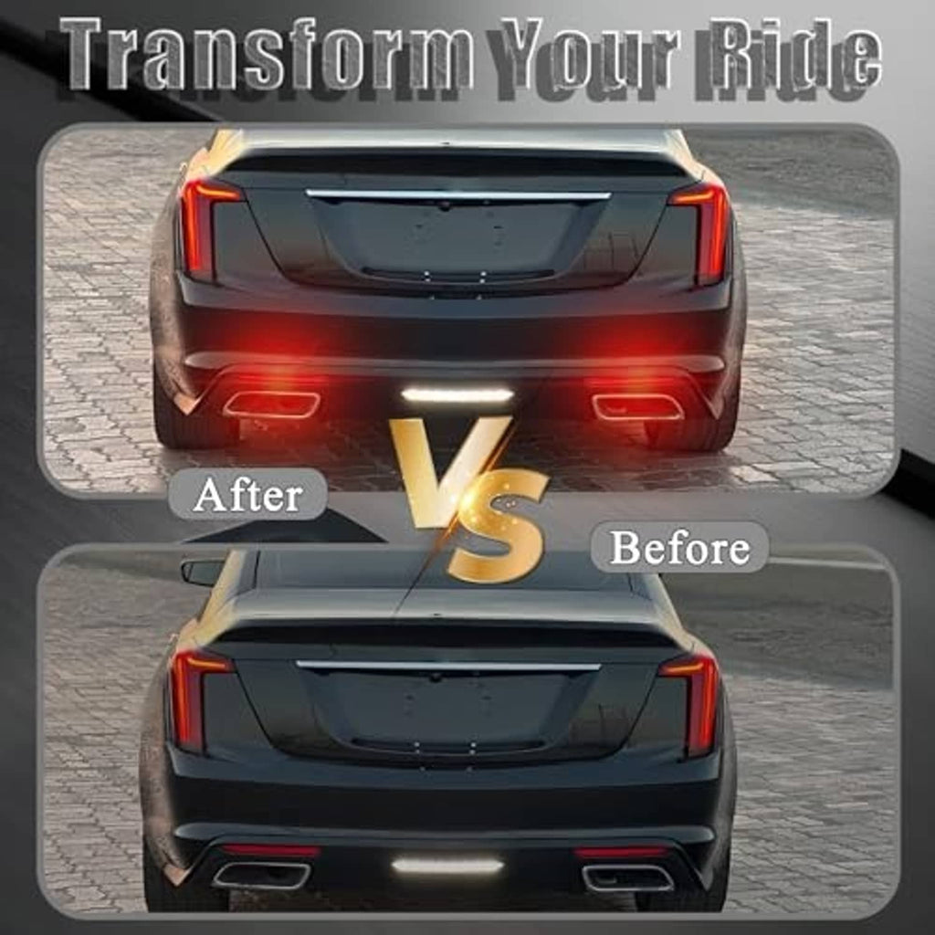 Before and after view of red rear LED reflector light bars on car.