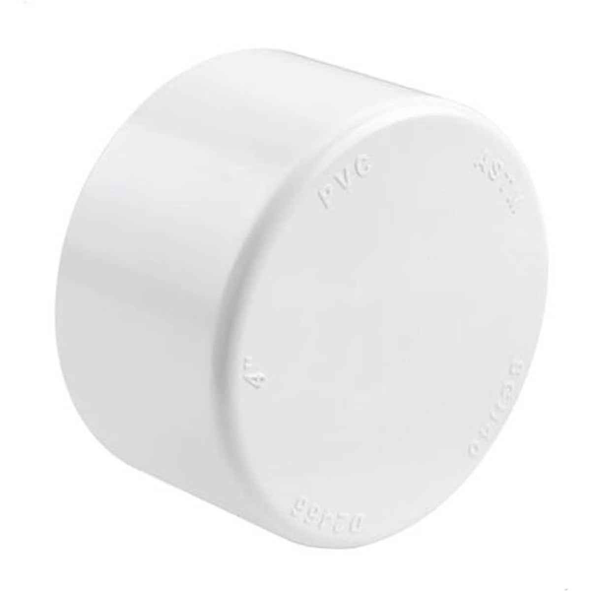 4-inch SCH40 PVC pipe end cap plug, white, round cap with central interior opening