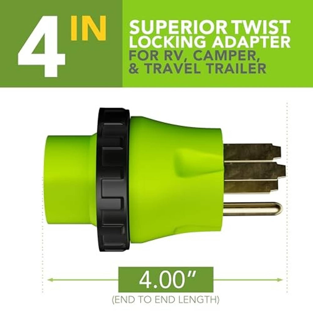 Green twist-lock adapter body with black locking ring and multi-pin prongs