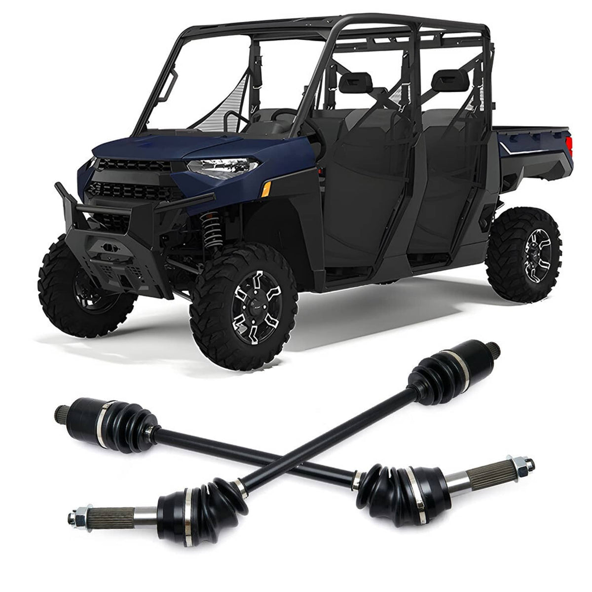 CV axle drive shaft set with black boots and silver splined ends