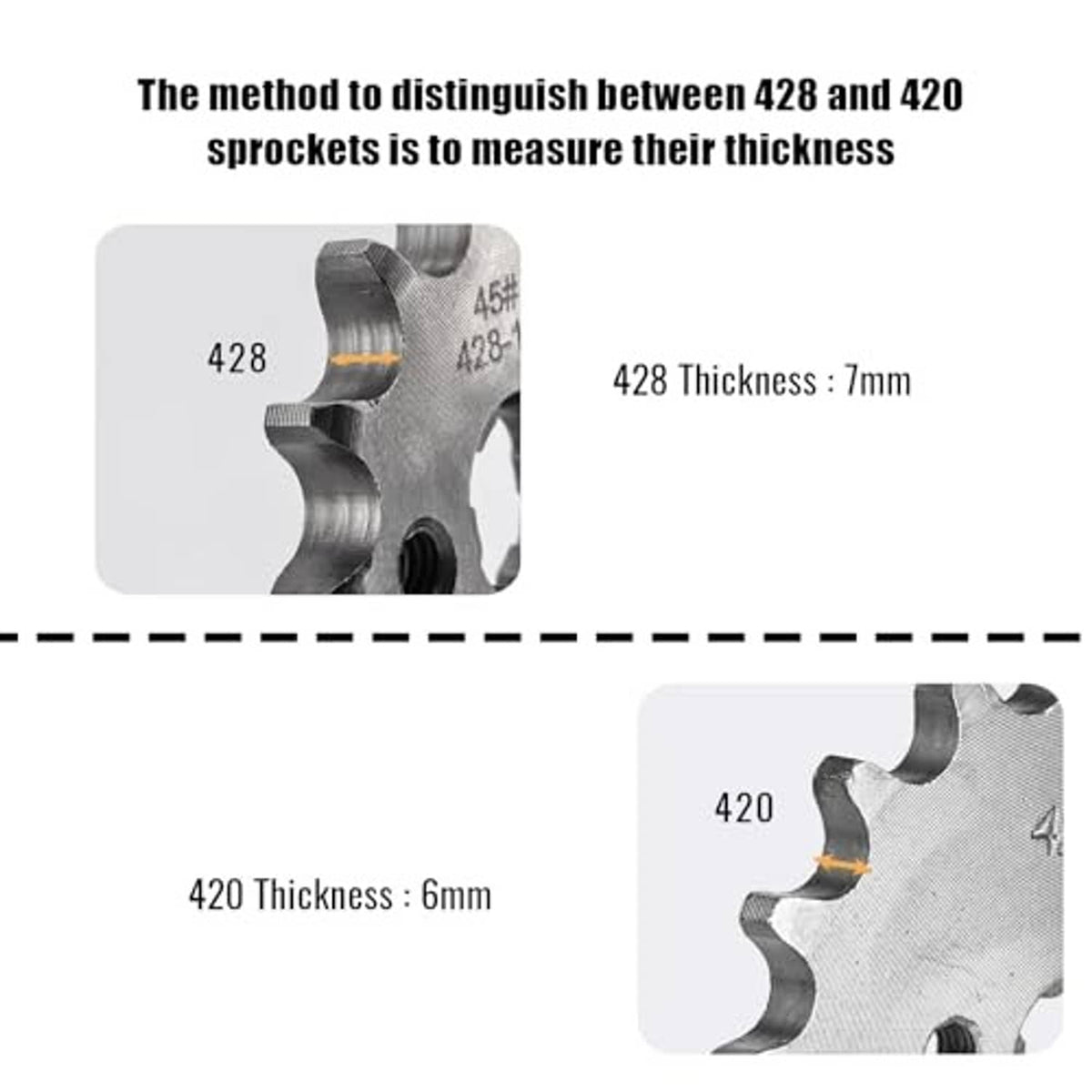 Motorcycle front engine sprocket thickness comparison, dark metal tooth profile detail