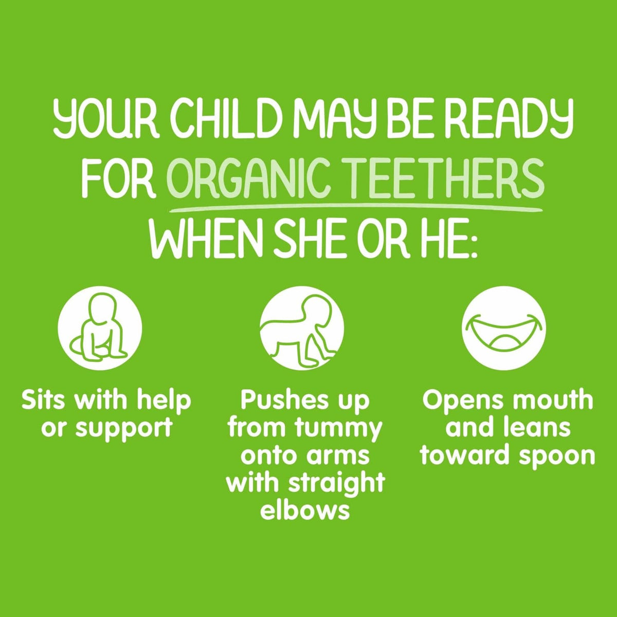 Organic teether readiness graphic with icons for sitting, pushing up, opening mouth