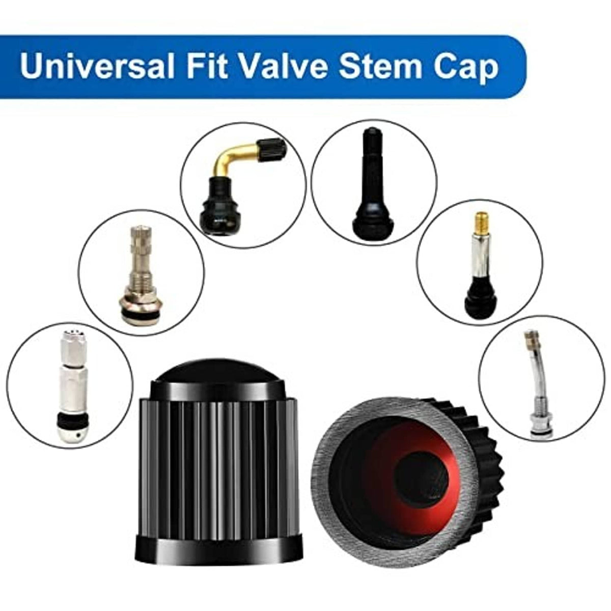 Universal black valve stem cap kit with ribbed cap and red sealing ring, multiple views