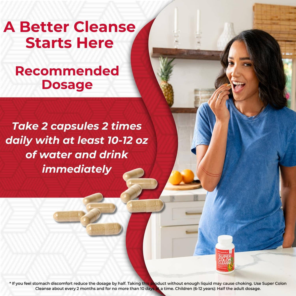 Detox cleanse dosage infographic with red-labeled supplement bottle and capsules shown