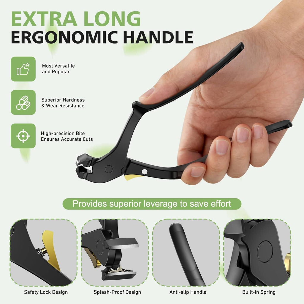 Black ergonomic nail clipper with extra-long handle held in hand.
