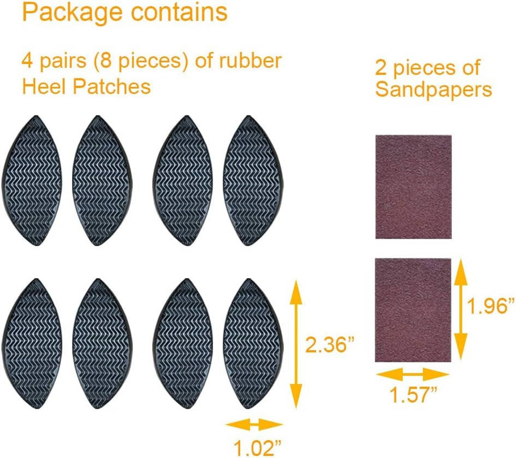 Shoe heel patch package contents with eight black rubber heel patches