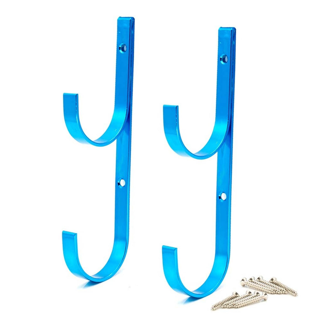 Blue aluminum pole hanger set with two U-shaped hooks and mounting screws