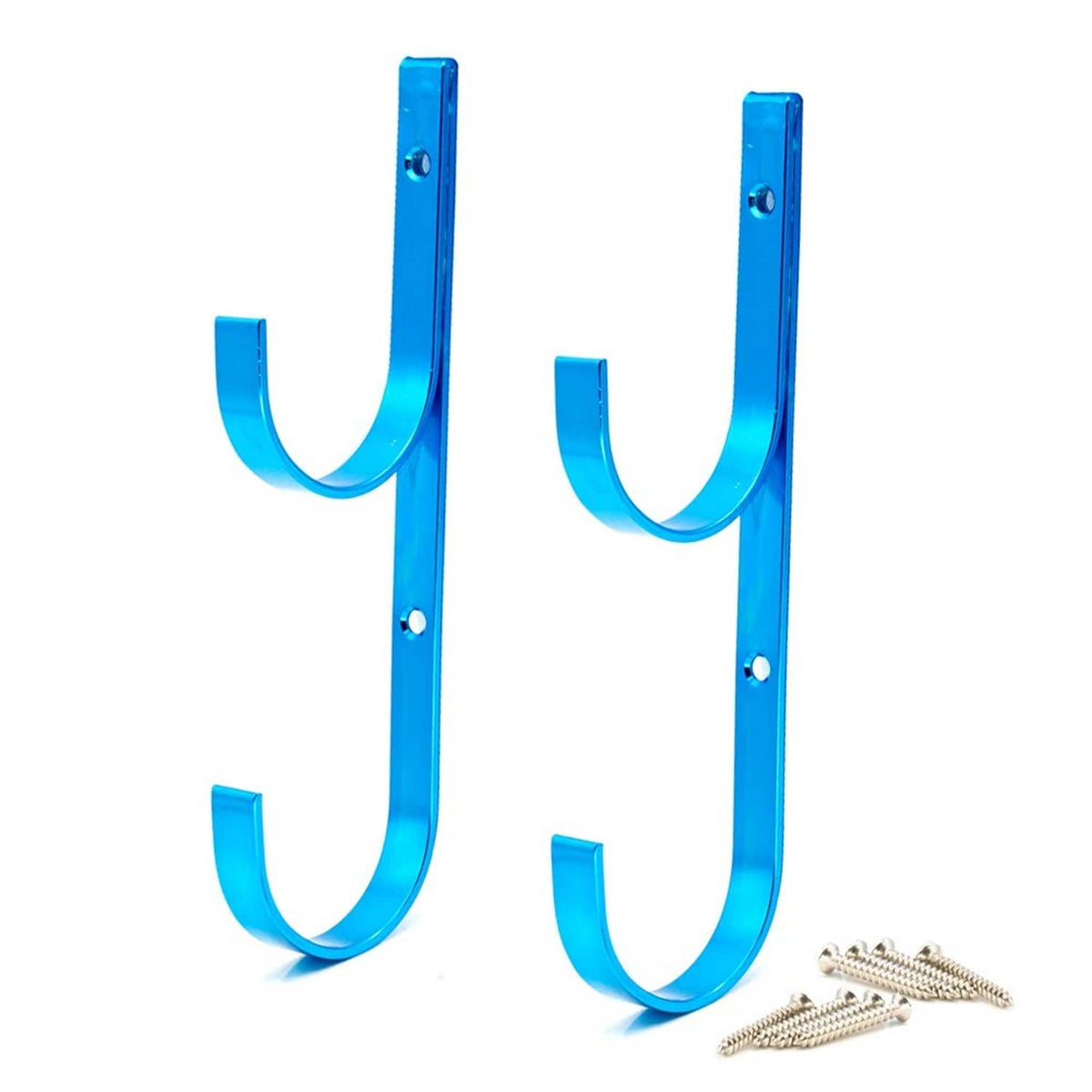 Blue aluminum pole hanger set with two U-shaped hooks and mounting screws