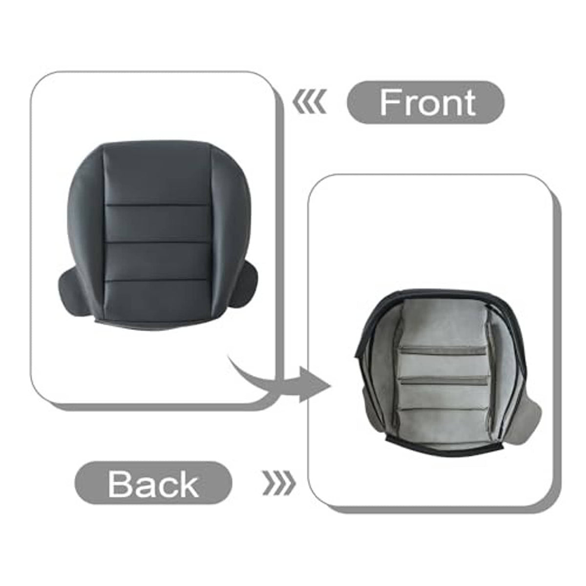 Front and back seat cover diagram showing a black front cover with horizontal paneling