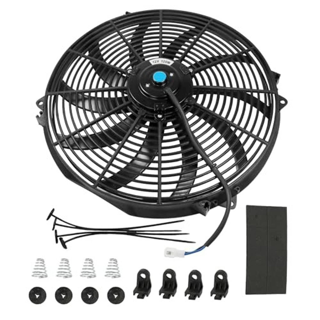 Black radiator cooling fan with 10-blade grille and blue center motor hub