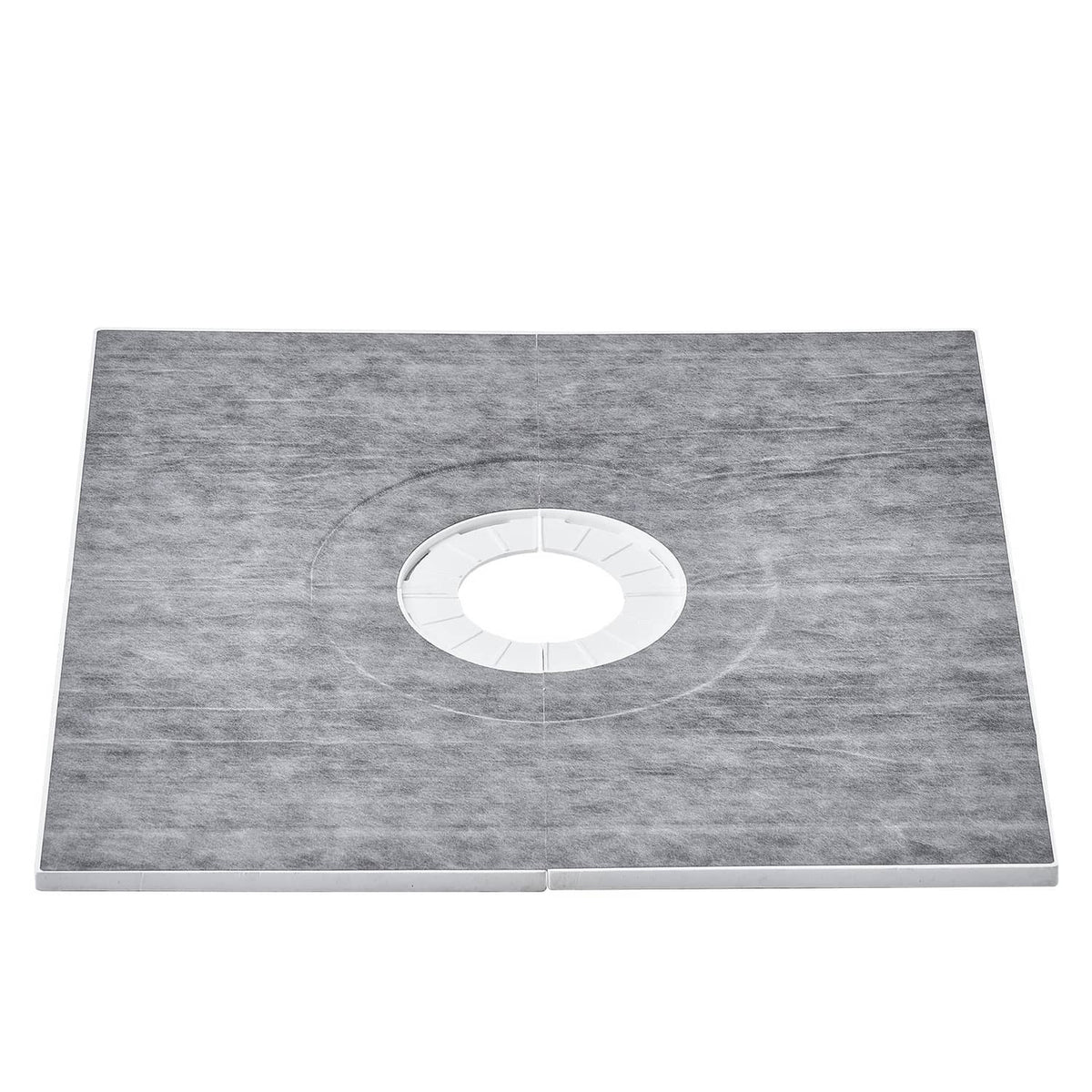 Gray shower curb tray kit with central drain opening and square base