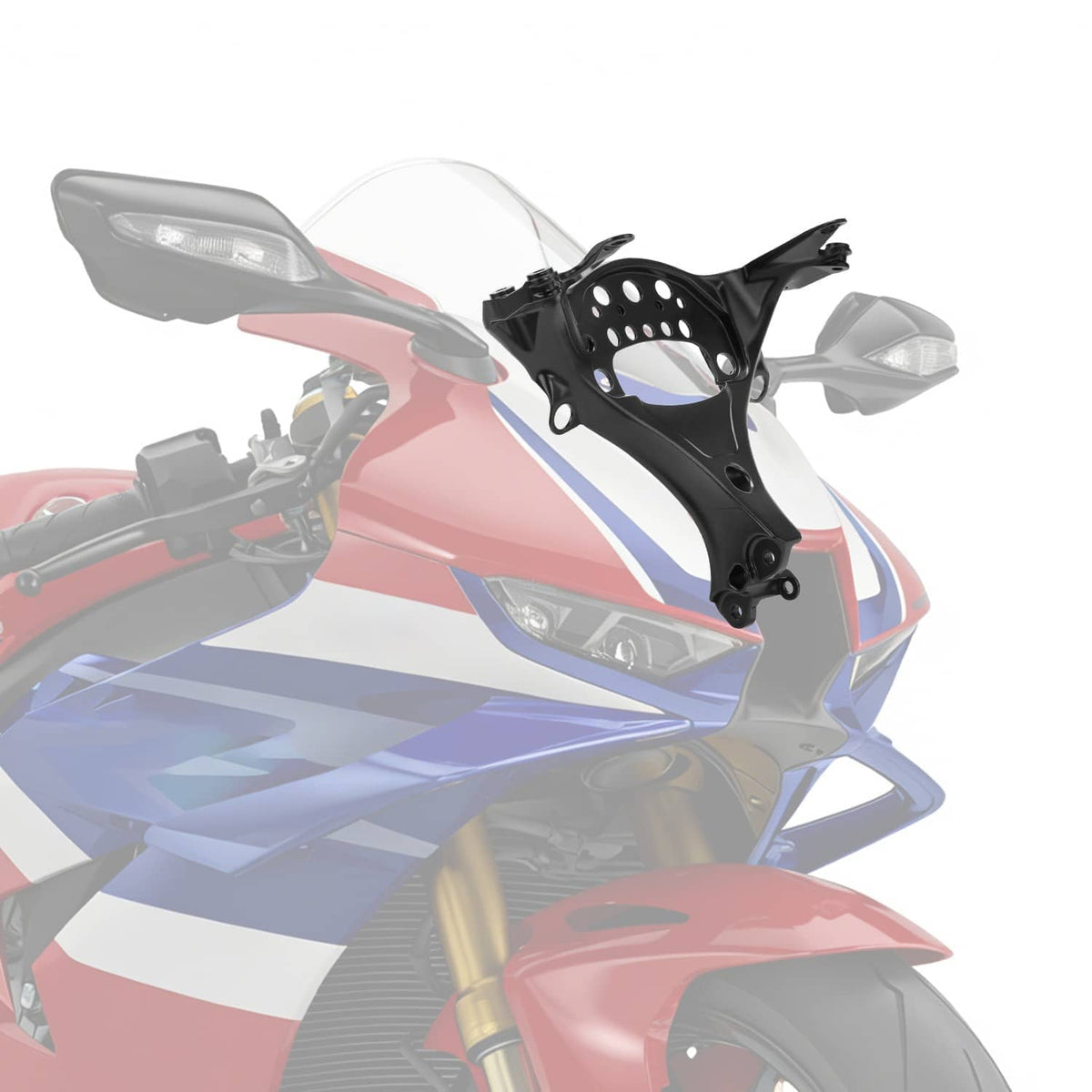 Black front upper fairing stay bracket attached to motorcycle front fairing area
