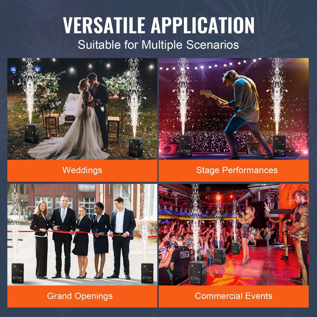 Black cold spark machines shown for multiple event types: wedding, stage, openings