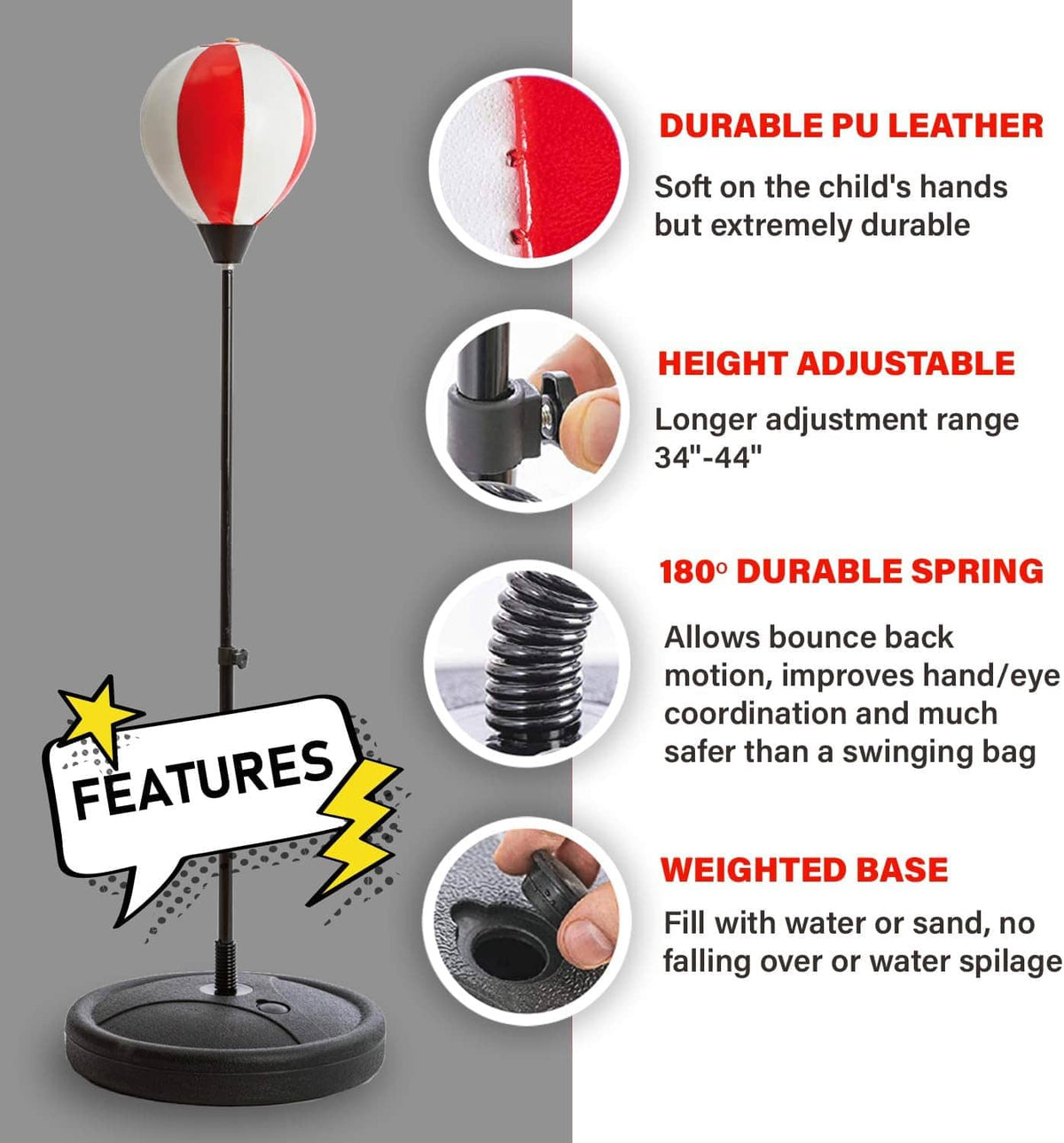 Standing punching bag with spring pole, weighted base, and red-and-white target
