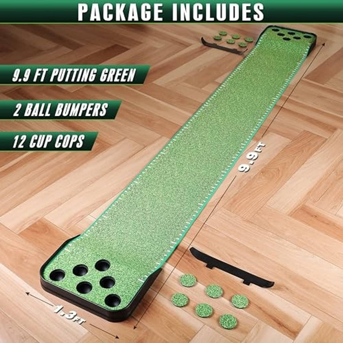 Indoor putting green mat kit on wood floor with cup holes and ball accessory