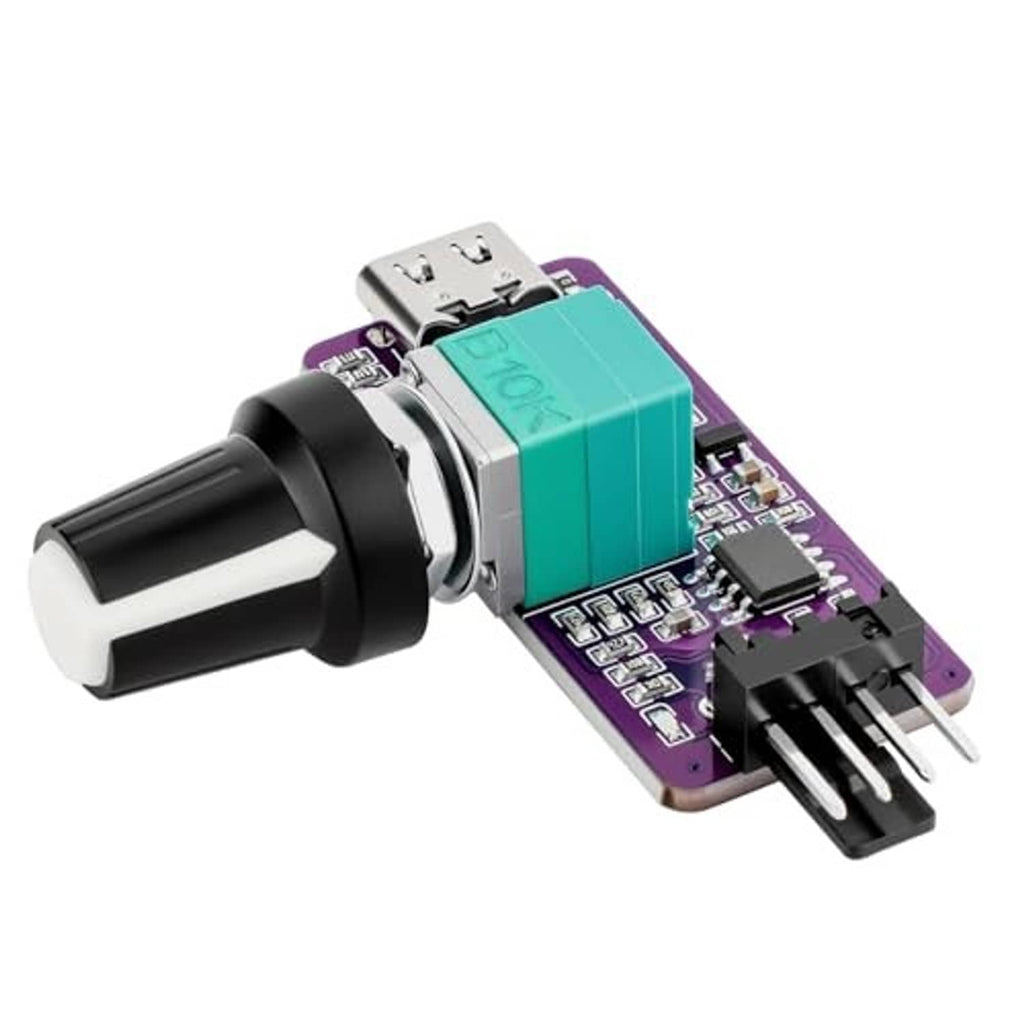 PWM fan speed adapter controller PCB with black dial, teal module, silver USB-C port, pins