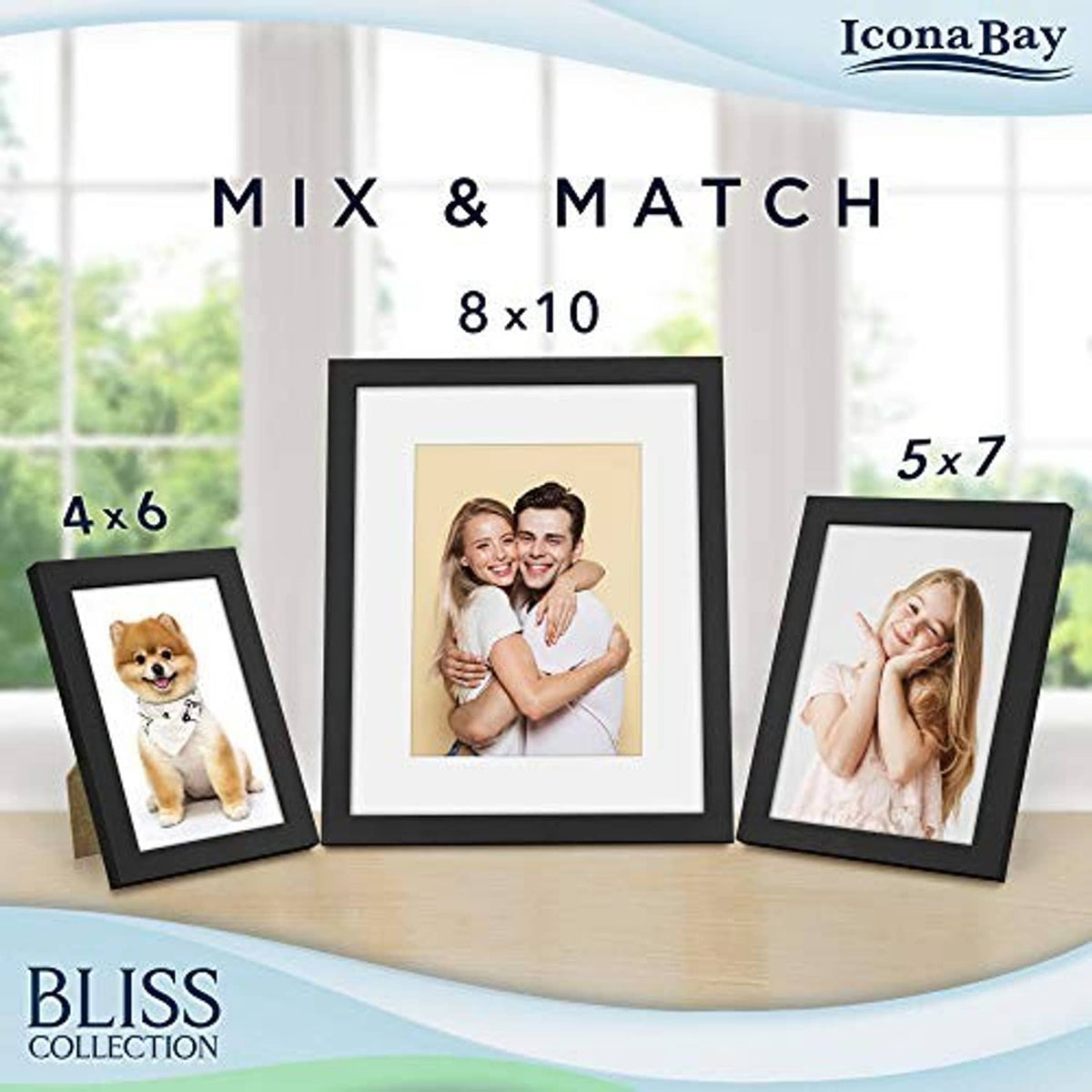 Black photo frame set featuring a 4x6 frame for mix-and-match display
