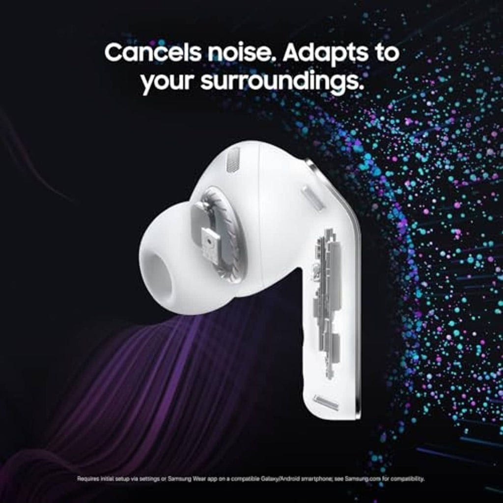 White true wireless earbuds side view with earpiece detail, noise-canceling design