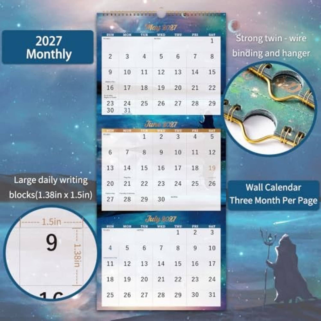 Dark blue starry three-month wall calendar with multiple month panels