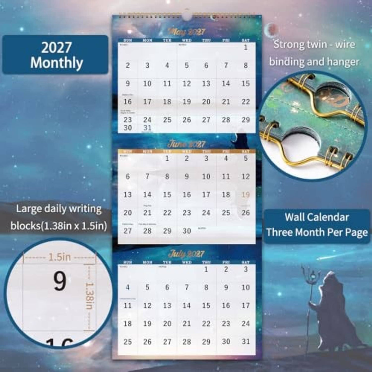 Dark blue starry three-month wall calendar with multiple month panels