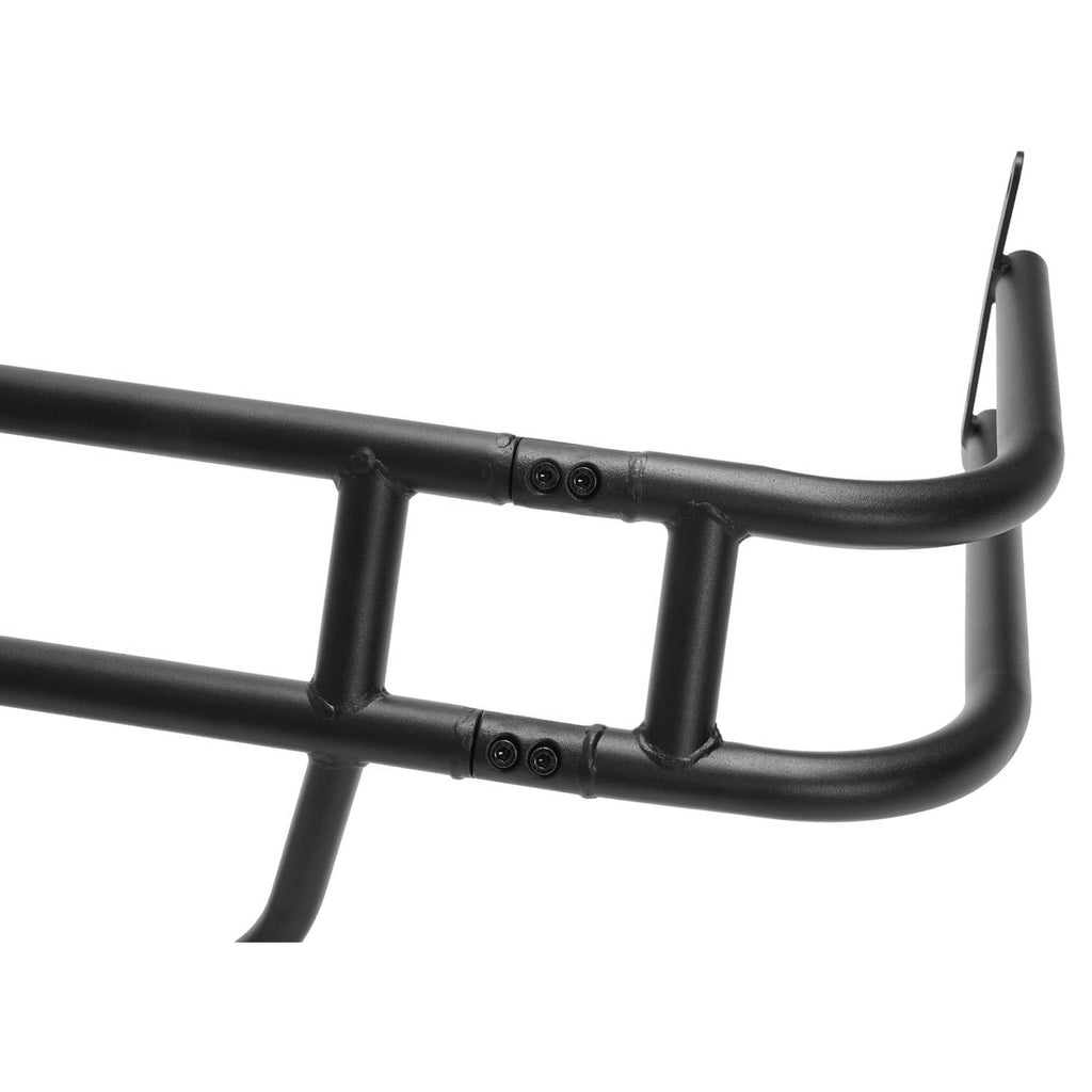 Black brush guard bumper grille with curved corner and attachment slots