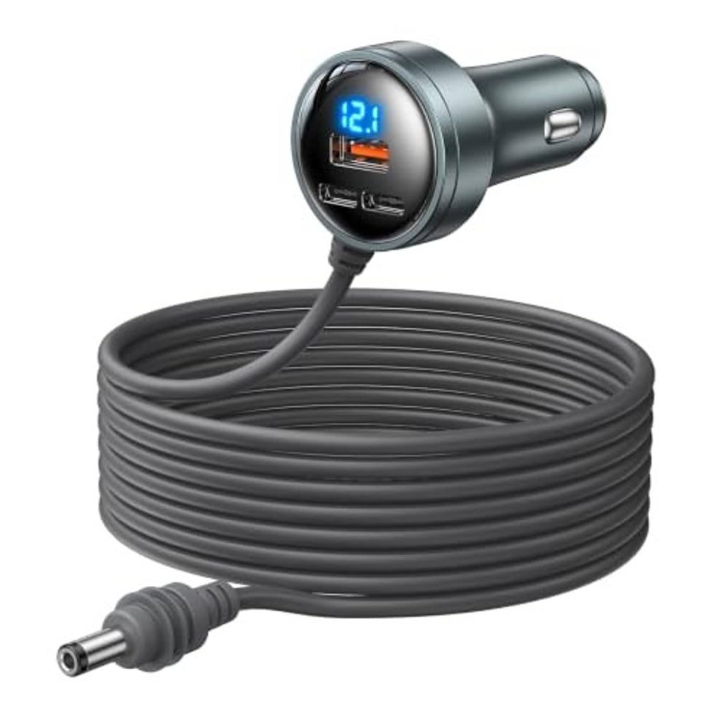 Multi-port car DC adapter with digital voltage display and coiled 10 ft cable