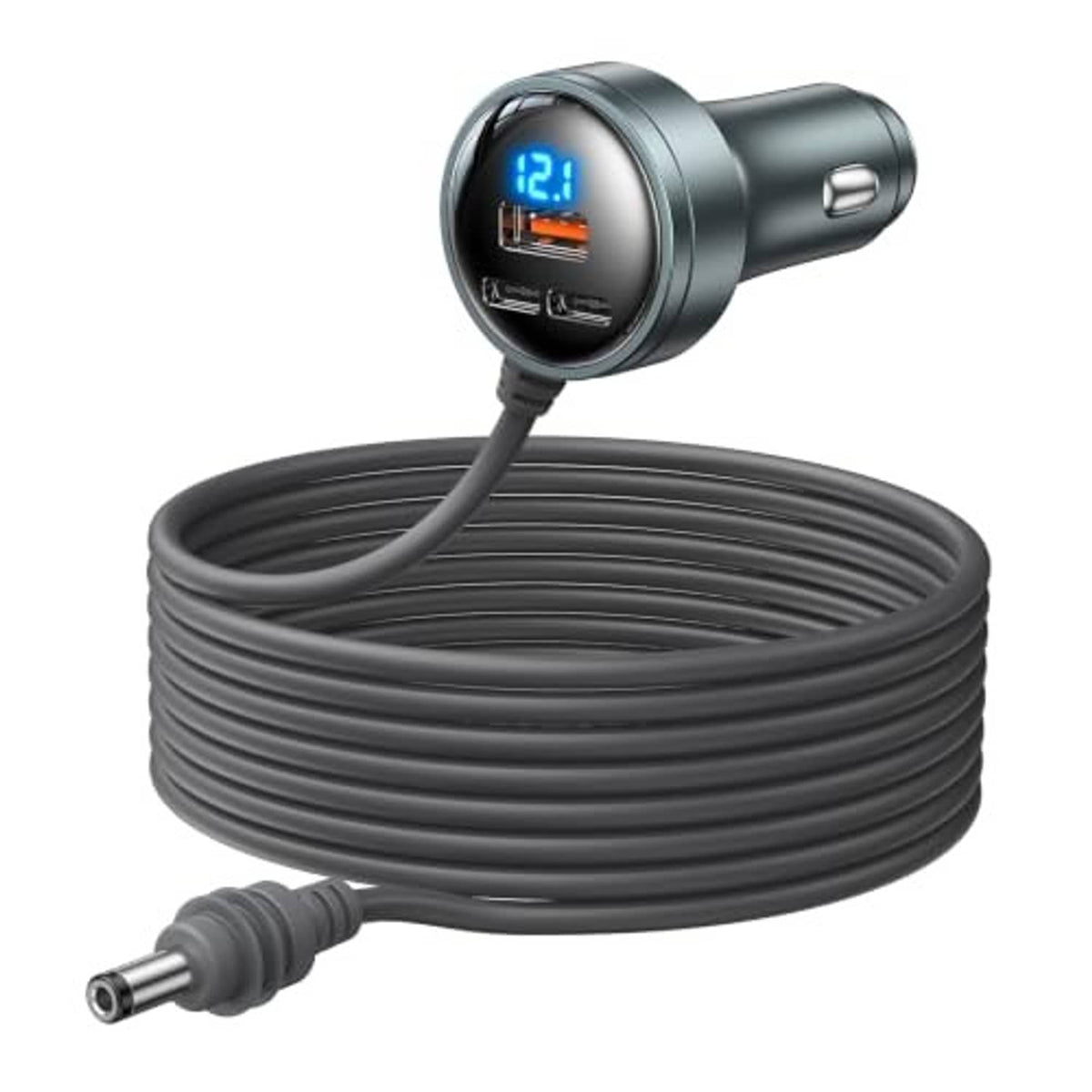 Multi-port car DC adapter with digital voltage display and coiled 10 ft cable