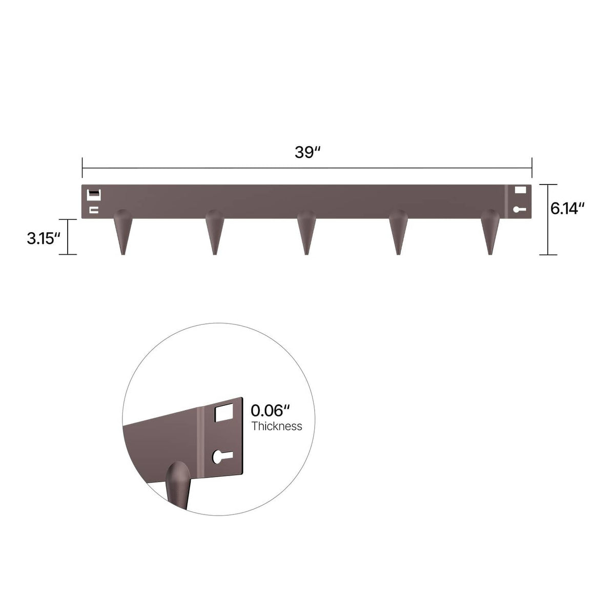 Brown steel garden edging strip side view with spike height and thickness callout