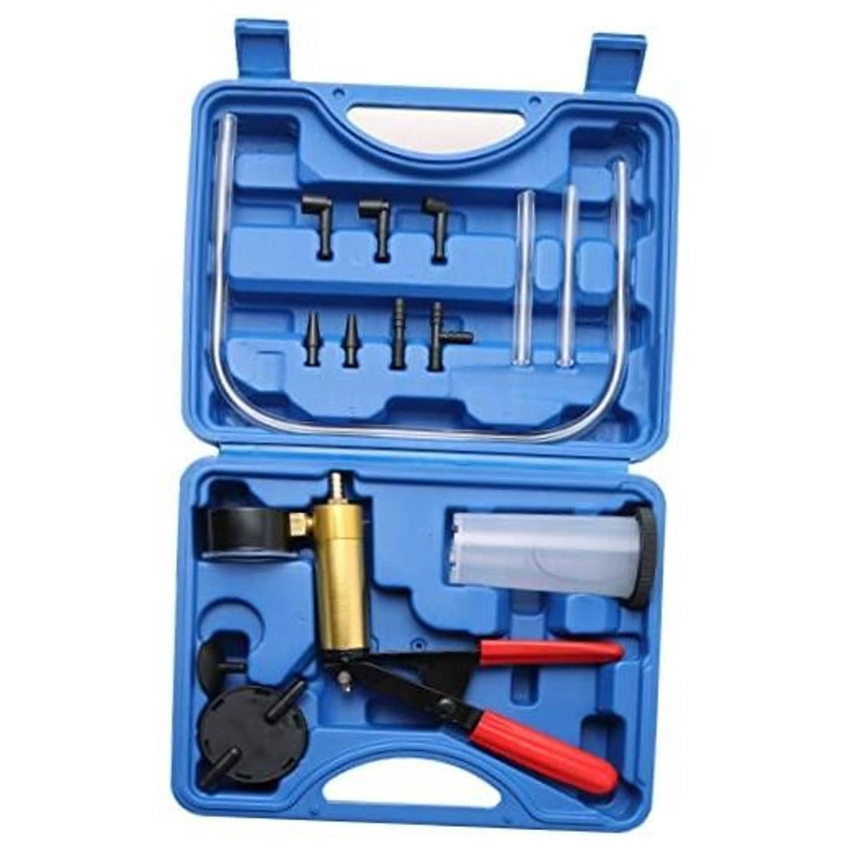 Brake bleeder kit case with handheld vacuum pump and metal adapters