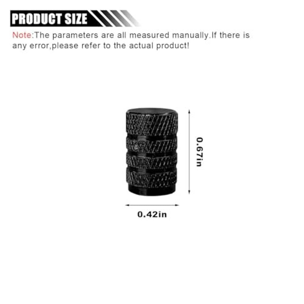 Single black textured tire valve stem cap with product size diagram
