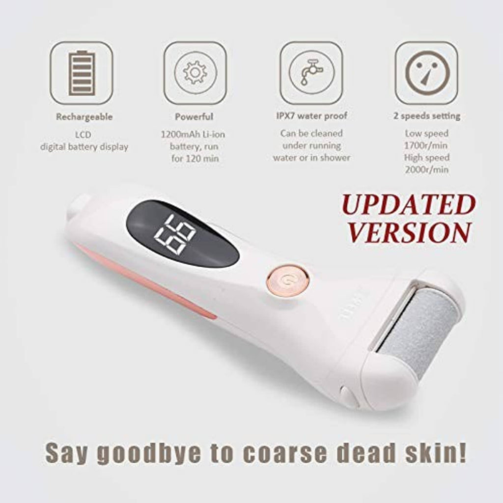 Rechargeable electric foot callus remover, white handle with LCD speed display and roller head