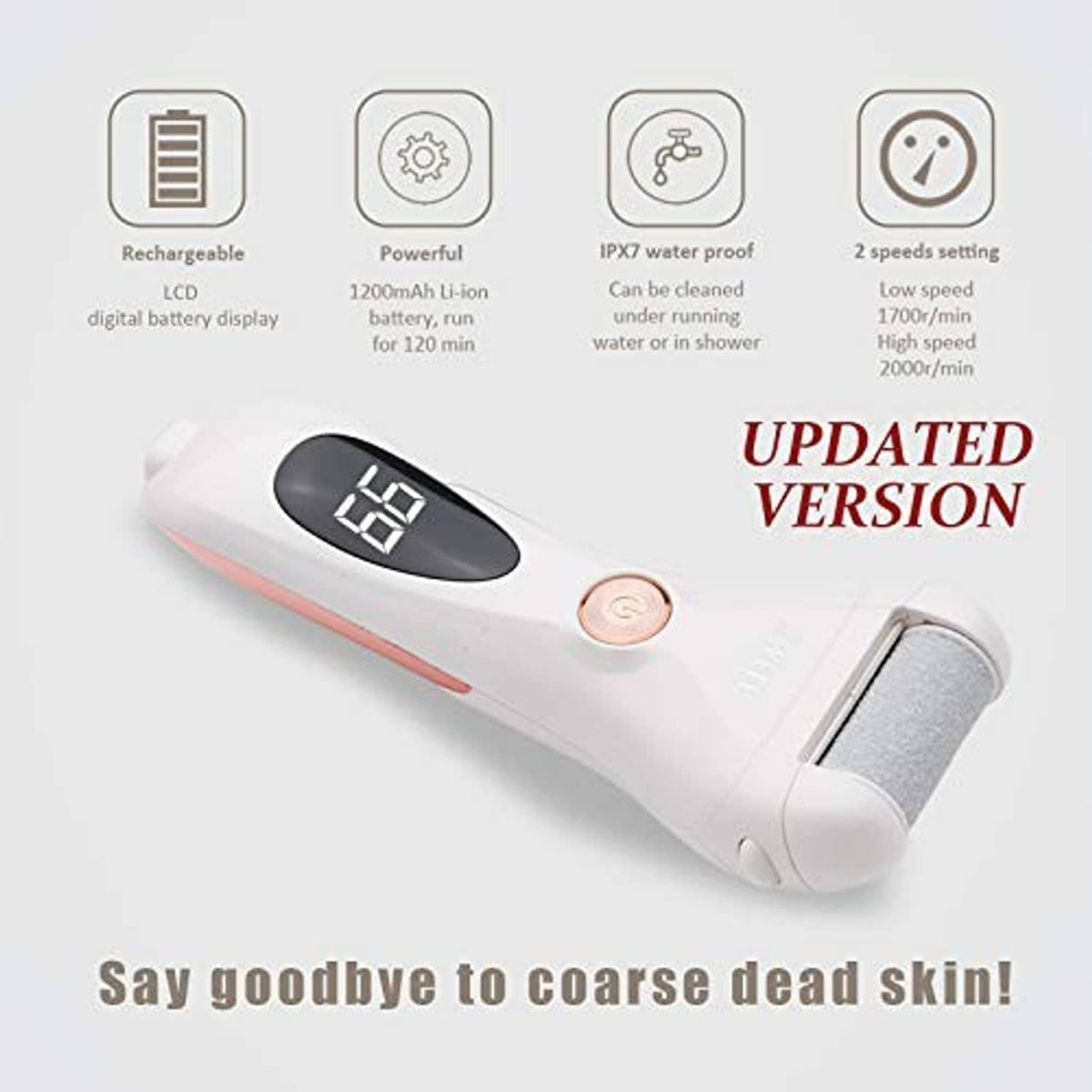 Rechargeable electric foot callus remover, white handle with LCD speed display and roller head