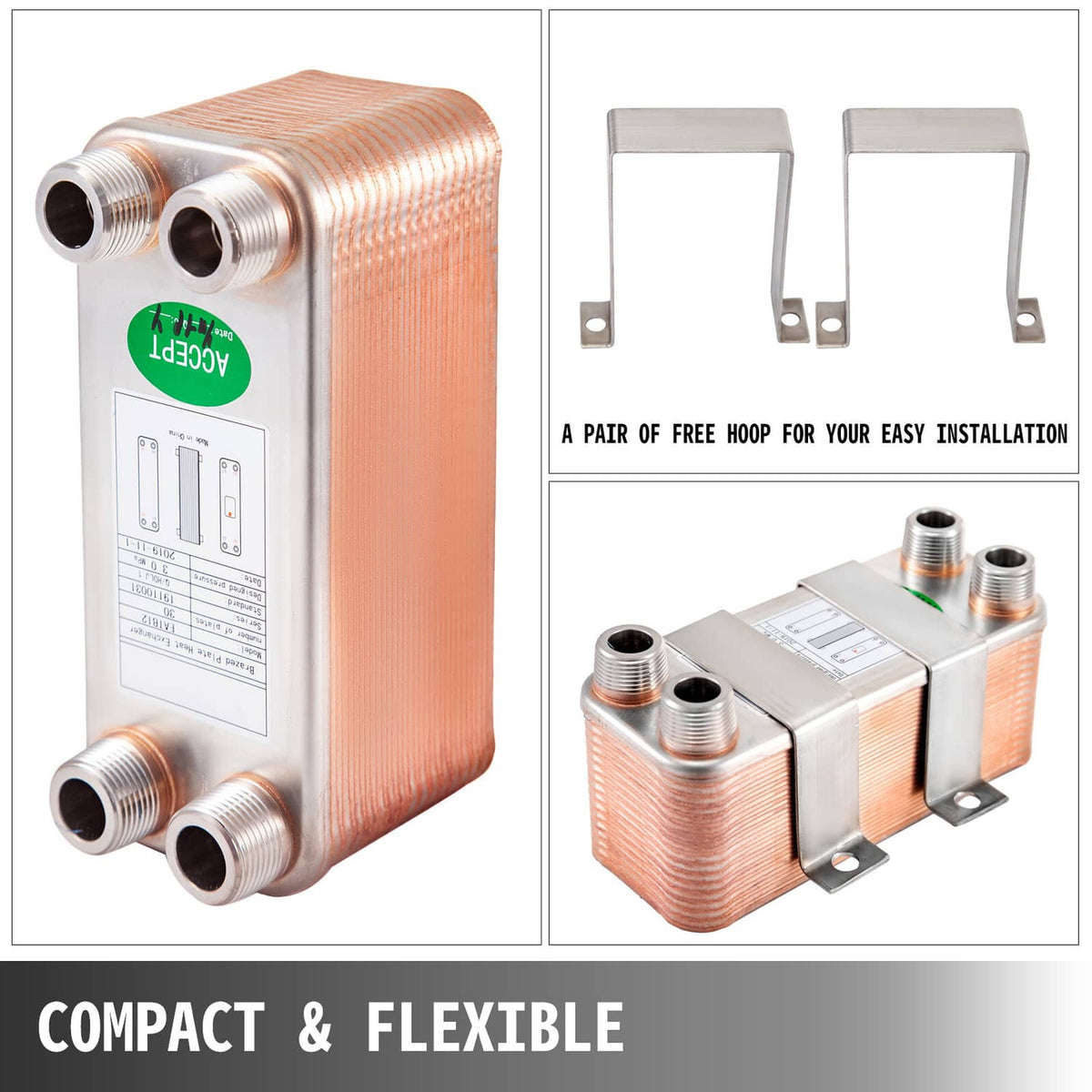 Compact brazed plate heat exchanger with four mounting brackets and copper-toned body