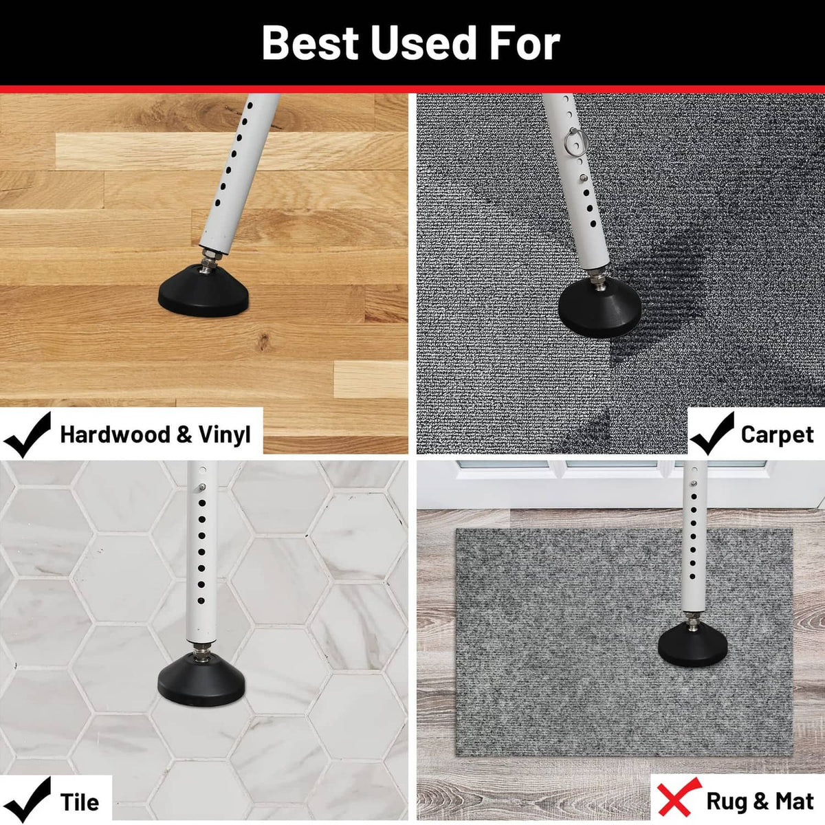 Door security bar base for use on hardwood, vinyl, tile, and carpet flooring